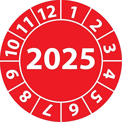 Jahresprüfplakette 2025, Vinylfolie, selbstklebend, Prüfaufkleber, Jahresplakette für das Jahr 2025 (25 mm Ø, Rot, 100) von Fast-Label