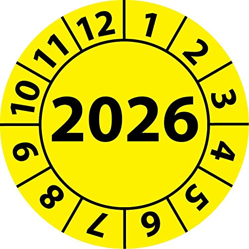 Jahresprüfplakette 2026, Vinylfolie, selbstklebend, Prüfaufkleber, Jahresplakette für das Jahr 2026 (20 mm Ø, Gelb, 250) von Fast-Label