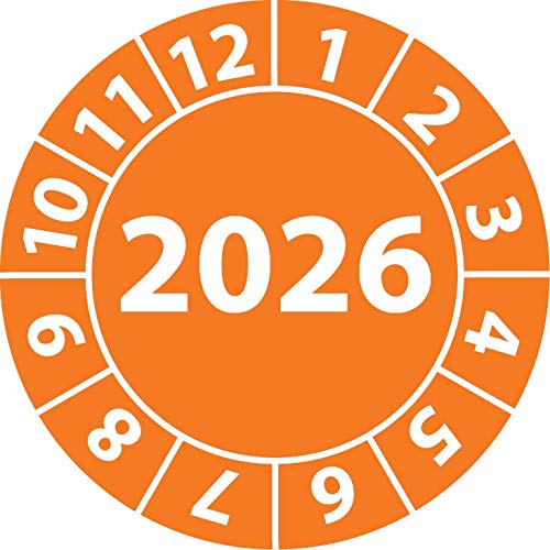 Jahresprüfplakette 2026, Vinylfolie, selbstklebend, Prüfaufkleber, Jahresplakette für das Jahr 2026 (20 mm Ø, Orange, 100) von Fast-Label