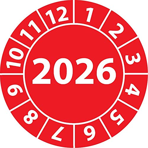 Jahresprüfplakette 2026, Vinylfolie, selbstklebend, Prüfaufkleber, Jahresplakette für das Jahr 2026 (20 mm Ø, Rot, 100) von Fast-Label