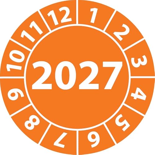 Jahresprüfplakette 2027, Vinylfolie, selbstklebend, Prüfaufkleber, Jahresplakette für das Jahr 2027 in verschiedenen Farben & Größen (20 mm Ø, Orange, 500) von Fast-Label