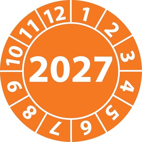 Jahresprüfplakette 2027, Vinylfolie, selbstklebend, Prüfaufkleber, Jahresplakette für das Jahr 2027 in verschiedenen Farben & Größen (30 mm Ø, Orange, 100) von Fast-Label
