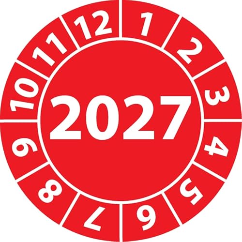 Jahresprüfplakette 2027. Vinylfolie, selbstklebend, Prüfaufkleber, Jahresplakette für das Jahr 2027 in verschiedenen Farben & Größen (20 mm Ø, Rot, 100) von Fast-Label