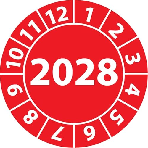 Jahresprüfplakette 2028, Vinylfolie, selbstklebend, Prüfaufkleber, Jahresplakette für das Jahr 2028 (20 mm Ø, Rot, 100) von Fast-Label