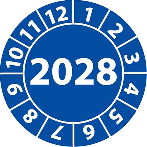 Jahresprüfplakette 2028, Vinylfolie, selbstklebend, Prüfaufkleber, Jahresplakette für das Jahr 2028 (30 mm Ø, Blau, 100) von Fast-Label