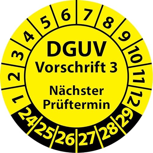 Prüfplakette DGUV Vorschrift 3 Nächster Prüftermin, selbstklebend, Prüfaufkleber, Prüfetikett, Plakette (30 mm Ø, Gelb, 500) von Fast-Label