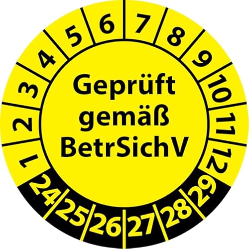 Prüfplakette Geprüft gemäß BetrSichV, Vinylfolie, Prüfaufkleber, Prüfetikett, Plakette (20 mm Ø, Gelb, 250) von Fast-Label