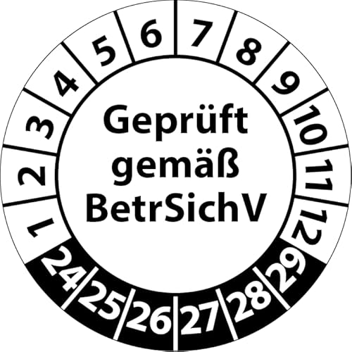 Prüfplakette Geprüft gemäß BetrSichV, Vinylfolie, Prüfaufkleber, Prüfetikett, Plakette (25 mm Ø, Weiß, 100) von Fast-Label