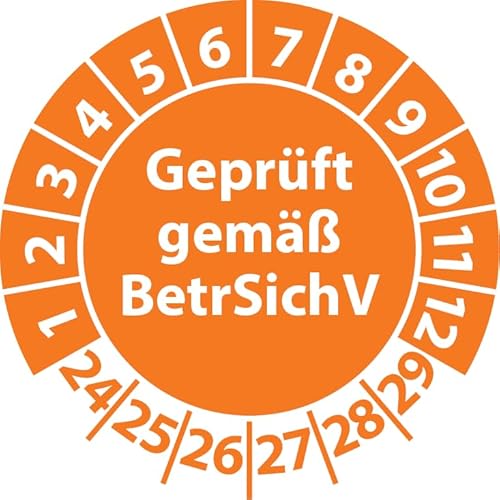 Prüfplakette Geprüft gemäß BetrSichV, Vinylfolie, Prüfaufkleber, Prüfetikett, Plakette (30 mm Ø, Orange, 250) von Fast-Label