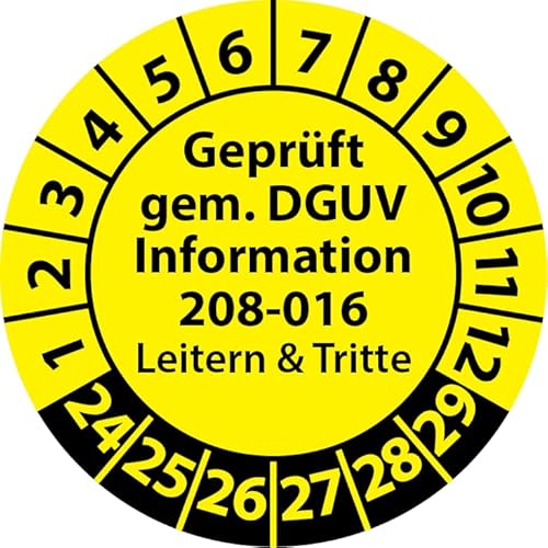 Prüfplakette Geprüft gemäß DGUV Information 208-016 Leitern und Tritte, Prüfaufkleber, Prüfetikett, Plakette (20 mm Ø, Gelb, 100) von Fast-Label