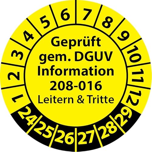 Prüfplakette Geprüft gemäß DGUV Information 208-016 Leitern und Tritte, Prüfaufkleber, Prüfetikett, Plakette (20 mm Ø, Gelb, 250) von Fast-Label