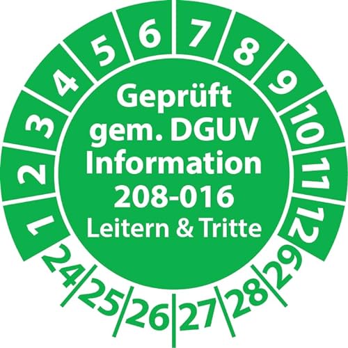 Prüfplakette Geprüft gemäß DGUV Information 208-016 Leitern und Tritte, Prüfaufkleber, Prüfetikett, Plakette (20 mm Ø, Grün, 100) von Fast-Label