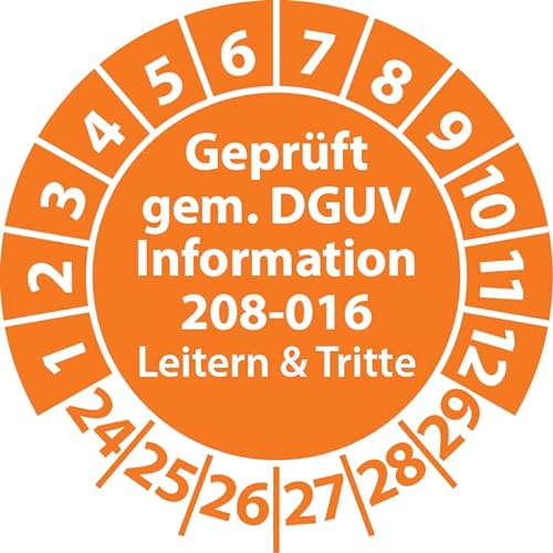 Prüfplakette Geprüft gemäß DGUV Information 208-016 Leitern und Tritte, Prüfaufkleber, Prüfetikett, Plakette (20 mm Ø, Orange, 100) von Fast-Label