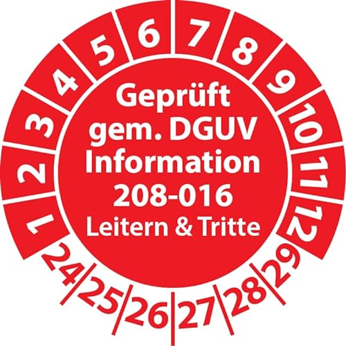 Prüfplakette Geprüft gemäß DGUV Information 208-016 Leitern und Tritte, Prüfaufkleber, Prüfetikett, Plakette (20 mm Ø, Rot, 250) von Fast-Label