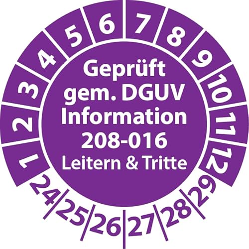 Prüfplakette Geprüft gemäß DGUV Information 208-016 Leitern und Tritte, Prüfaufkleber, Prüfetikett, Plakette (20 mm Ø, Violett, 100) von Fast-Label