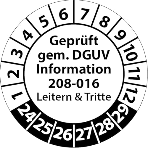 Prüfplakette Geprüft gemäß DGUV Information 208-016 Leitern und Tritte, Prüfaufkleber, Prüfetikett, Plakette (20 mm Ø, Weiß, 100) von Fast-Label