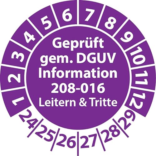 Prüfplakette Geprüft gemäß DGUV Information 208-016 Leitern und Tritte, Prüfaufkleber, Prüfetikett, Plakette (25 mm Ø, Violett, 100) von Fast-Label