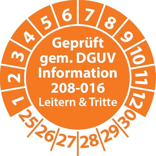 Prüfplakette Geprüft gemäß DGUV Information 208-016 Leitern und Tritte, Prüfaufkleber, Prüfetikett, Plakette (30 mm Ø, Orange, 500) von Fast-Label
