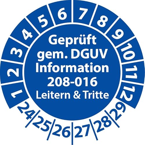 Prüfplakette Geprüft gemäß DGUV Information 208-016 Leitern und Tritte, Prüfaufkleber, Prüfetikett, Plakette (30 mm Ø, Blau, 100) von Fast-Label