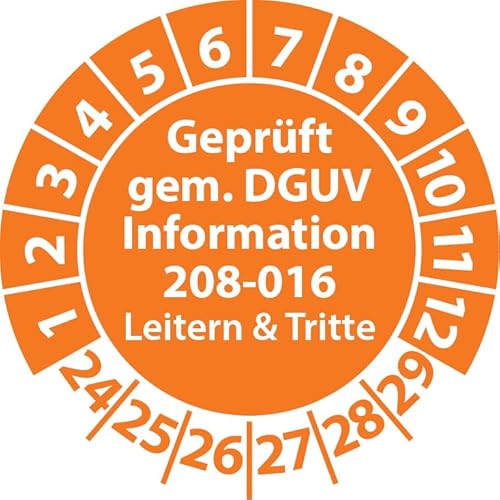 Prüfplakette Geprüft gemäß DGUV Information 208-016 Leitern und Tritte, Prüfaufkleber, Prüfetikett, Plakette (30 mm Ø, Orange, 100) von Fast-Label