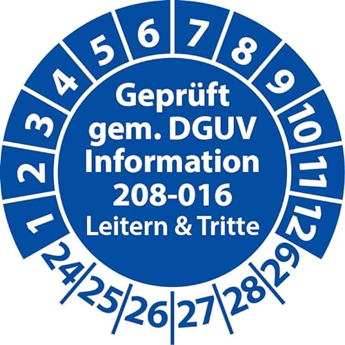 Prüfplakette Geprüft gemäß DGUV Information 208-016 Leitern und Tritte, Prüfaufkleber, Prüfetikett, Plakette (35 mm Ø, Blau, 100) von Fast-Label