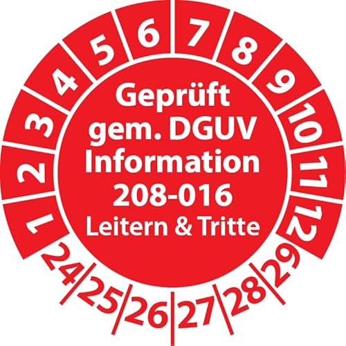 Prüfplakette Geprüft gemäß DGUV Information 208-016 Leitern und Tritte, Prüfaufkleber, Prüfetikett, Plakette (35 mm Ø, Rot, 100) von Fast-Label
