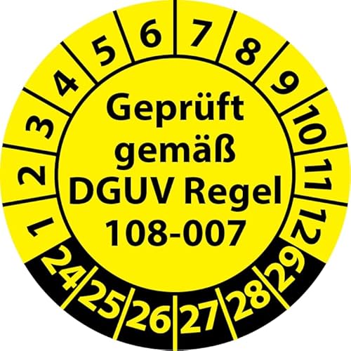 Prüfplakette Geprüft gemäß DGUV Regel 108-007 Lagereinrichtungen, Vinylfolie, Prüfaufkleber, Prüfetikett, Plakette (30 mm Ø, Gelb, 250) von Fast-Label