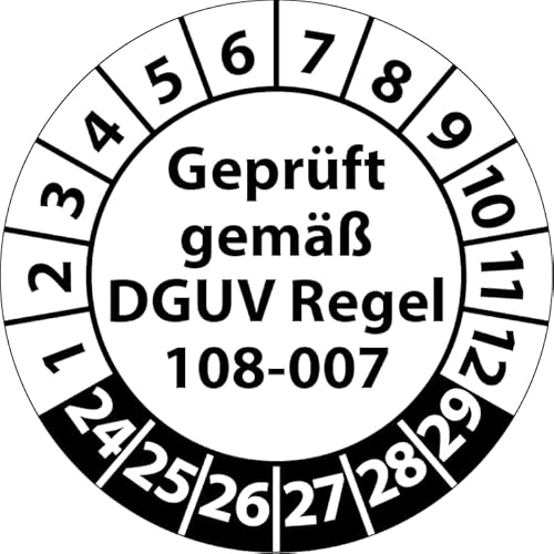Prüfplakette Geprüft gemäß DGUV Regel 108-007 Lagereinrichtungen, Vinylfolie, Prüfaufkleber, Prüfetikett, Plakette (30 mm Ø, Weiß, 250) von Fast-Label