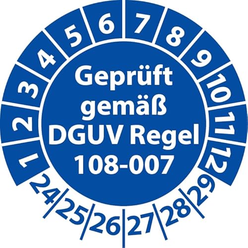 Prüfplakette Geprüft gemäß DGUV Regel 108-007 Lagereinrichtungen, Vinylfolie, Prüfaufkleber, Prüfetikett, Plakette (30 mm Ø, Blau, 100) von Fast-Label