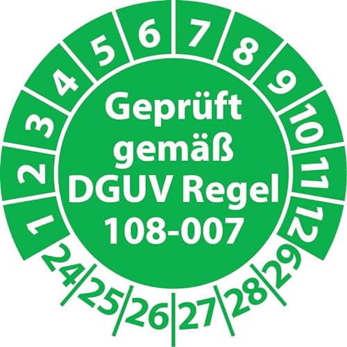 Prüfplakette Geprüft gemäß DGUV Regel 108-007 Lagereinrichtungen, Vinylfolie, Prüfaufkleber, Prüfetikett, Plakette (30 mm Ø, Grün, 100) von Fast-Label