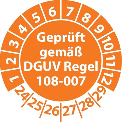 Prüfplakette Geprüft gemäß DGUV Regel 108-007 Lagereinrichtungen, Vinylfolie, Prüfaufkleber, Prüfetikett, Plakette (30 mm Ø, Orange, 100) von Fast-Label