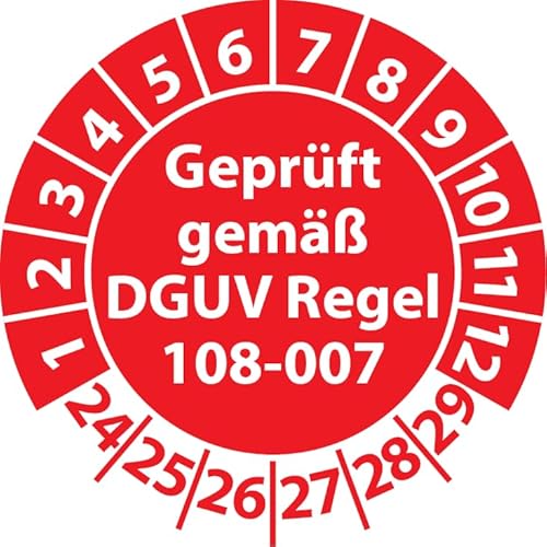 Prüfplakette Geprüft gemäß DGUV Regel 108-007 Lagereinrichtungen, Vinylfolie, Prüfaufkleber, Prüfetikett, Plakette (30 mm Ø, Rot, 100) von Fast-Label