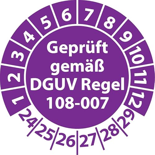 Prüfplakette Geprüft gemäß DGUV Regel 108-007 Lagereinrichtungen, Vinylfolie, Prüfaufkleber, Prüfetikett, Plakette (30 mm Ø, Violett, 100) von Fast-Label