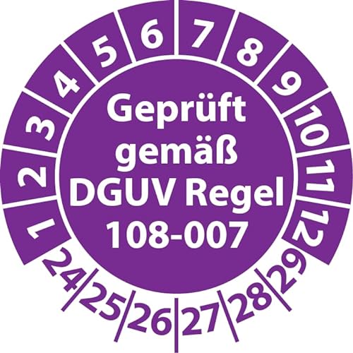 Prüfplakette Geprüft gemäß DGUV Regel 108-007 Lagereinrichtungen, Vinylfolie, Prüfaufkleber, Prüfetikett, Plakette (30 mm Ø, Violett, 250) von Fast-Label