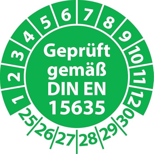 Prüfplakette Geprüft gemäß DIN EN 15635 Lagereinrichtungen, Vinylfolie, Prüfaufkleber, Prüfetikett, Plakette (20 mm Ø, Grün, 100) von Fast-Label
