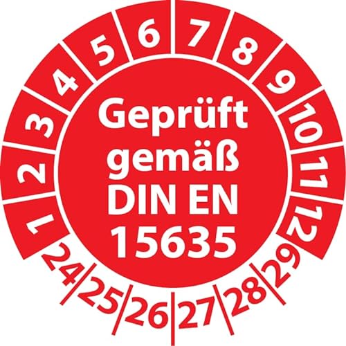 Prüfplakette Geprüft gemäß DIN EN 15635 Lagereinrichtungen, Vinylfolie, Prüfaufkleber, Prüfetikett, Plakette (20 mm Ø, Rot, 100) von Fast-Label