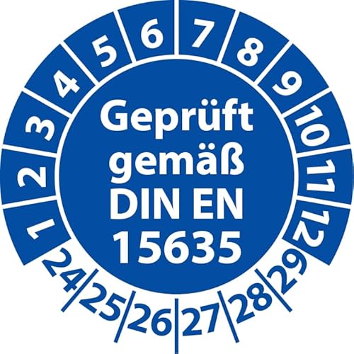 Prüfplakette Geprüft gemäß DIN EN 15635 Lagereinrichtungen, Vinylfolie, Prüfaufkleber, Prüfetikett, Plakette (25 mm Ø, Blau, 250) von Fast-Label