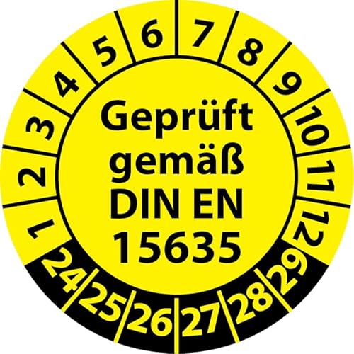 Prüfplakette Geprüft gemäß DIN EN 15635 Lagereinrichtungen, Vinylfolie, Prüfaufkleber, Prüfetikett, Plakette (30 mm Ø, Gelb, 250) von Fast-Label