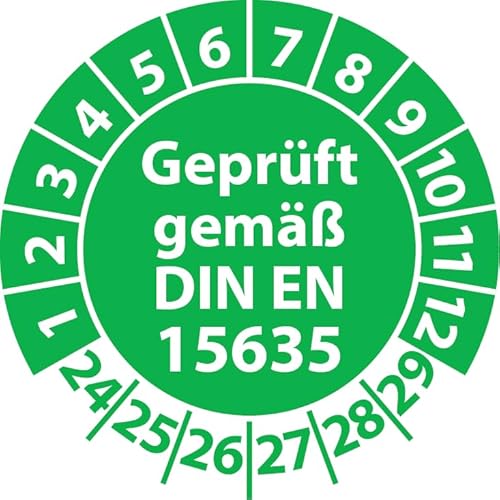 Prüfplakette Geprüft gemäß DIN EN 15635 Lagereinrichtungen, Vinylfolie, Prüfaufkleber, Prüfetikett, Plakette (30 mm Ø, Grün, 500) von Fast-Label