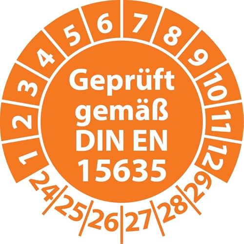 Prüfplakette Geprüft gemäß DIN EN 15635 Lagereinrichtungen, Vinylfolie, Prüfaufkleber, Prüfetikett, Plakette (30 mm Ø, Orange, 100) von Fast-Label