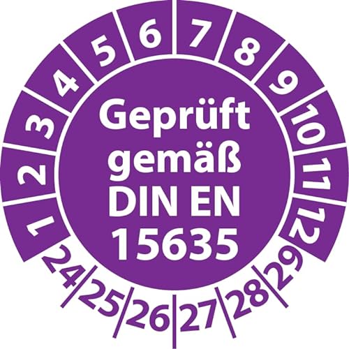 Prüfplakette Geprüft gemäß DIN EN 15635 Lagereinrichtungen, Vinylfolie, Prüfaufkleber, Prüfetikett, Plakette (30 mm Ø, Violett, 100) von Fast-Label