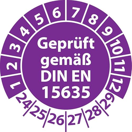 Prüfplakette Geprüft gemäß DIN EN 15635 Lagereinrichtungen, Vinylfolie, Prüfaufkleber, Prüfetikett, Plakette (30 mm Ø, Violett, 250) von Fast-Label