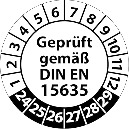 Prüfplakette Geprüft gemäß DIN EN 15635 Lagereinrichtungen, Vinylfolie, Prüfaufkleber, Prüfetikett, Plakette (30 mm Ø, Weiß, 100) von Fast-Label