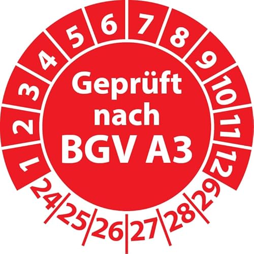 Prüfplakette Geprüft nach BGV A3, Vinylfolie, selbstklebend, Prüfaufkleber, Prüfetikett, Plakette (20 mm Ø, Rot, 500) von Fast-Label