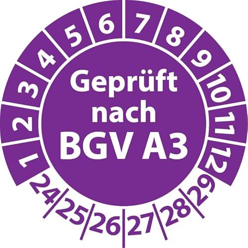 Prüfplakette Geprüft nach BGV A3, Vinylfolie, selbstklebend, Prüfaufkleber, Prüfetikett, Plakette (20 mm Ø, Violett, 100) von Fast-Label