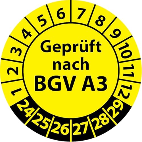 Prüfplakette Geprüft nach BGV A3, Vinylfolie, selbstklebend, Prüfaufkleber, Prüfetikett, Plakette (25 mm Ø, Gelb, 250) von Fast-Label