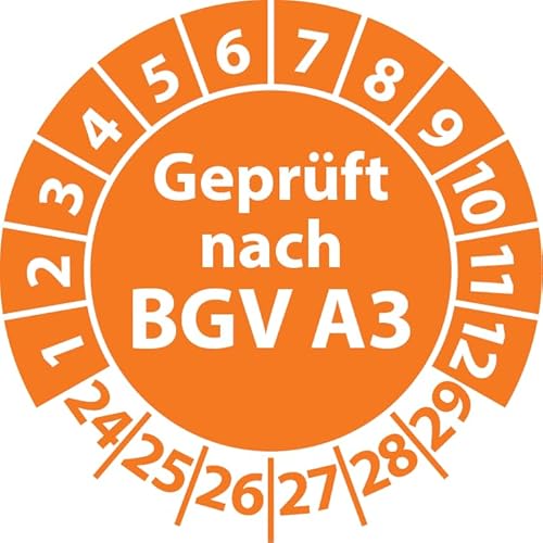 Prüfplakette Geprüft nach BGV A3, Vinylfolie, selbstklebend, Prüfaufkleber, Prüfetikett, Plakette (30 mm Ø, Orange, 100) von Fast-Label