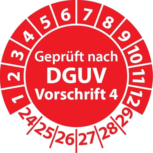 Prüfplakette Geprüft nach DGUV Vorschrift 4, selbstklebend, Prüfaufkleber, Prüfetikett, Plakette DGUV V4 (20 mm Ø, Rot, 100) von Fast-Label