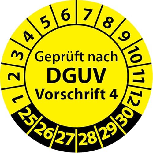 Prüfplakette Geprüft nach DGUV Vorschrift 4, selbstklebend, Prüfaufkleber, Prüfetikett, Plakette DGUV V4 (30 mm Ø, Gelb, 100) von Fast-Label