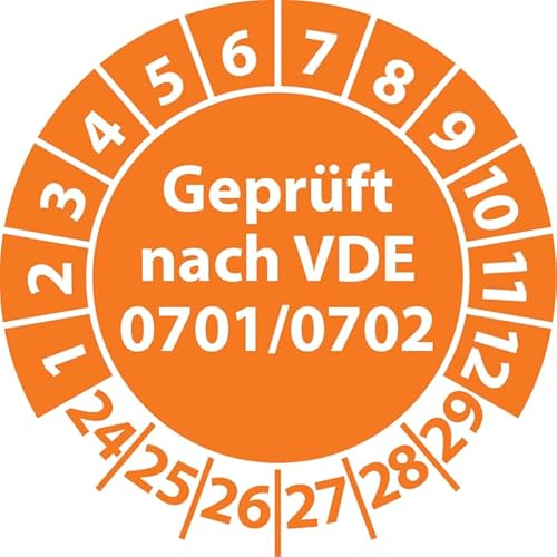 Prüfplakette Geprüft nach VDE 0701/0702, Vinylfolie, Prüfaufkleber, Prüfetikett, Plakette (20 mm Ø, Orange, 250) von Fast-Label